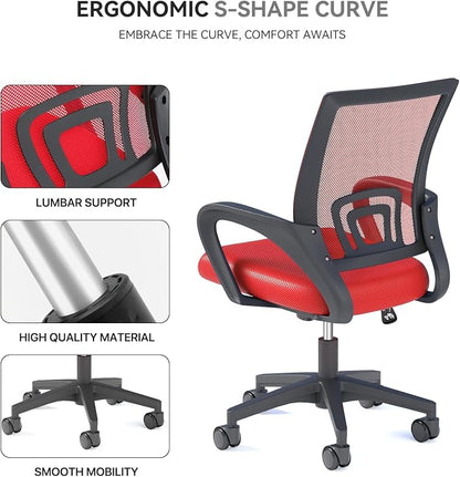 Office Chair, Ergonomic Mid-Back Mesh Desk Chair with Lumbar Support, Adjustable Height Computer Chair with Rolling Wheels Design,Comfy Armrest for Work, Study, Gaming, 8 Pack, Red