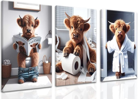 Highland Cow Funny Bathroom Wall Art Set of 3 Brown Cute Cow Animal Canvas Posters Prints Vintage Rustic Farmhouse Home Pictures Wall Decor Painting for Bathroom Restroom 16x24Inch Framed