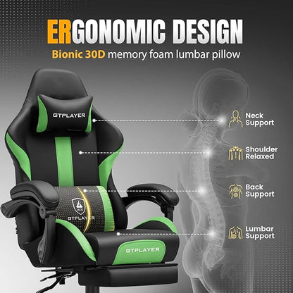 GTPLAYER Gaming Chair with Pocket Spring Cushion, Leather Office Chair with Ergonomic High Back & Lumbar Support for Back Pain Relief, Computer Game Chair for Adults, Grass Green