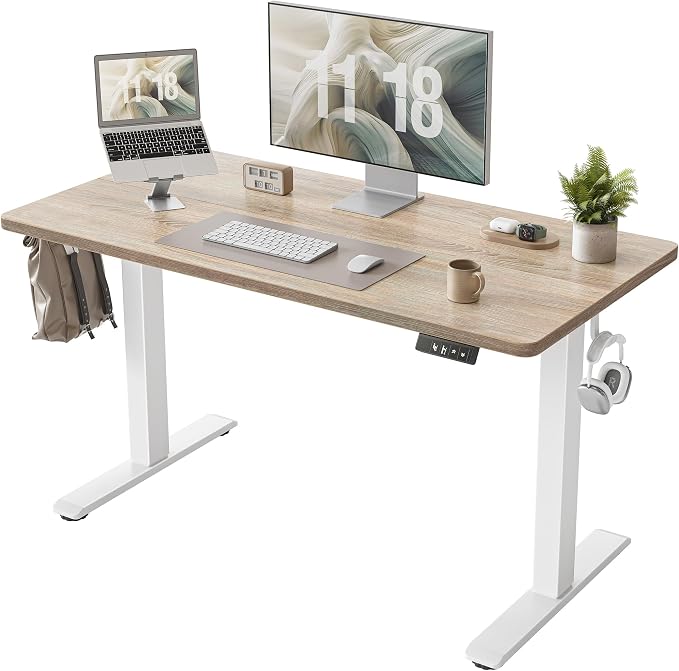 TIQLAB Electric Height Adjustable Standing Desk 47.2×23.6 inch, Sit Stand Desk for Work, Study, Memory Controller, White Frame & Maple Top Computer Workstation for Home Office
