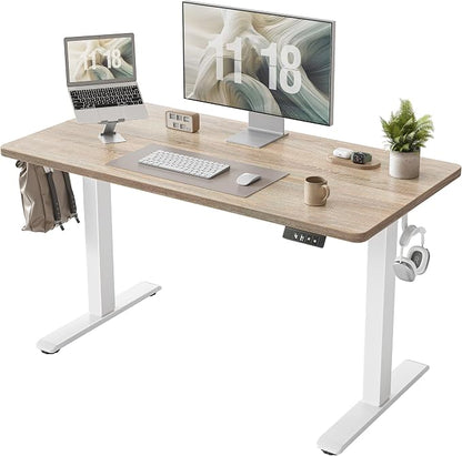 TIQLAB Electric Height Adjustable Standing Desk 47.2×23.6 inch, Sit Stand Desk for Work, Study, Memory Controller, White Frame & Maple Top Computer Workstation for Home Office