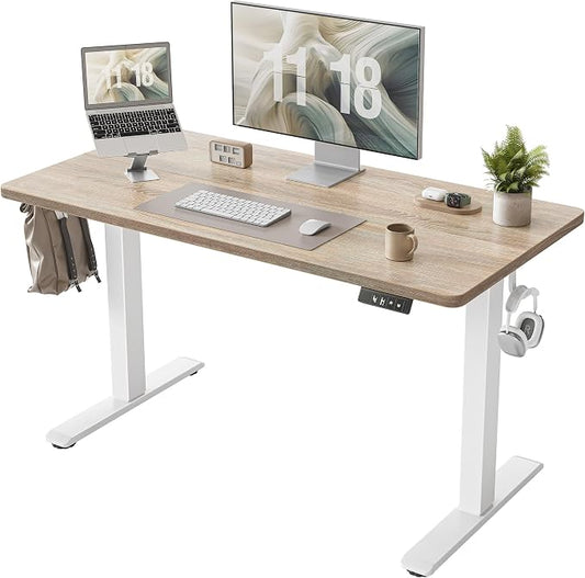 TIQLAB Electric Height Adjustable Standing Desk 47.2×23.6 inch, Sit Stand Desk for Work, Study, Memory Controller, White Frame & Maple Top Computer Workstation for Home Office