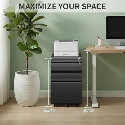 3 Drawer Metal File Cabinet with Lock, Fully Assembled Mobile Filing Cabinet on Wheels, Under Desk Office Storage Organizer for Letter/Legal/A4 Files, Black