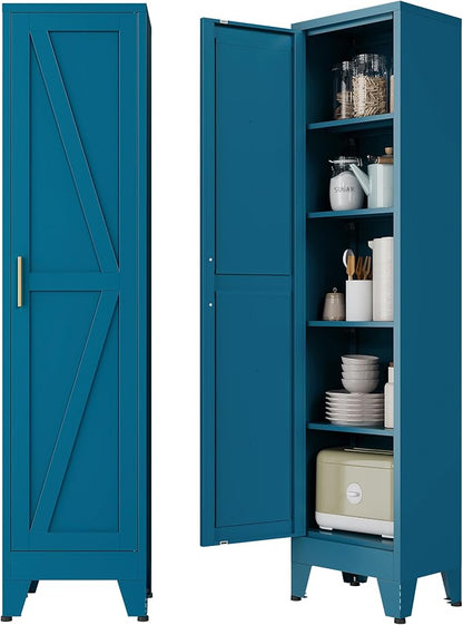 Narrow Bathroom Storage Cabinet Tall Metal Storage Cabinets with 4 Adjustable Shelves Freestanding 5 Tier Slim Pantry Cabinet for Kitchen Office Small Space Blue