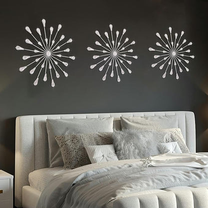 ZEXUIRU 3 Set Silver Starburst Wall Art for Home Decor Metal Bling Crystal Rhinestones Sunburst Wall Decor Sparkling Rhinestone Art Accent Silver - 13in