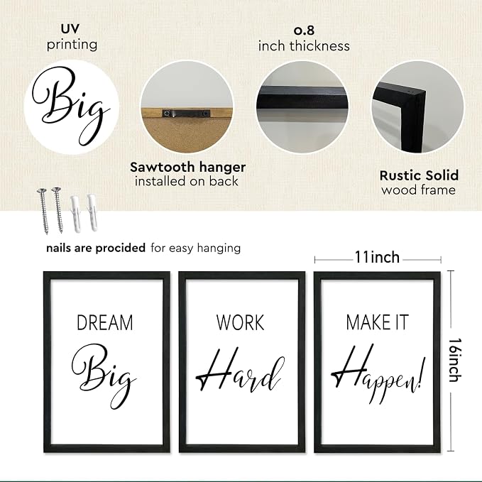 Motivational Wall Art for Office Decor 11x16–Wood Frame Set of 3, Dream Big | Work Hard Make It Happen Sign，Home Office，Black Frame