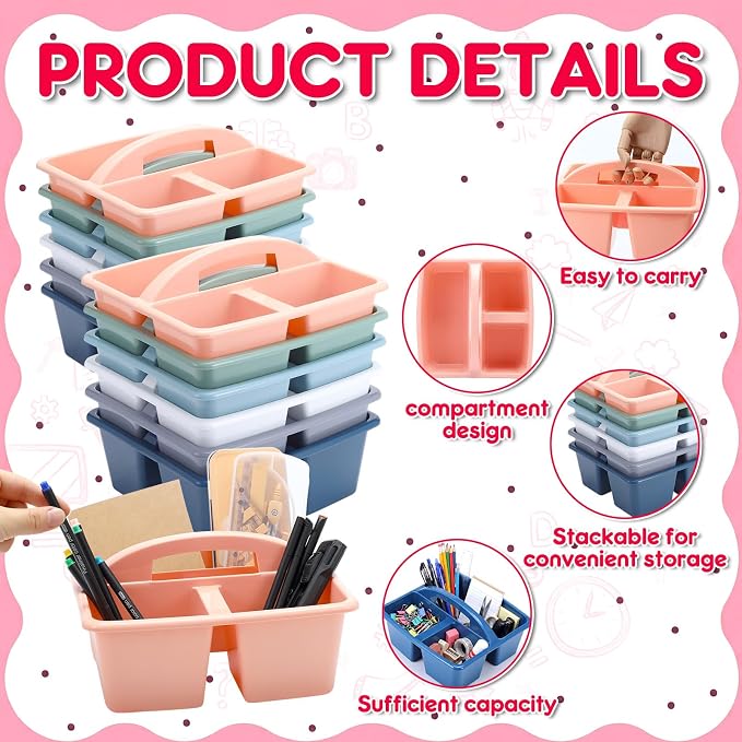 Potchen 12 Pack Classroom Caddy with Handle, Plastic Storage Caddy Organizer with 3 Compartments Portable Teacher Organization for Classroom School Table Desk Craft Art Workshop Home Office Supplies