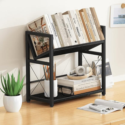 ELITEROO Desktop Bookshelf, 2 Tier Desk Book Organizer Shelf, Wood Tabletop Bookshelf Storage, Small Desk Top Bookcase for Office, Home, or Study, Mini Table Book Rack for Display, Black