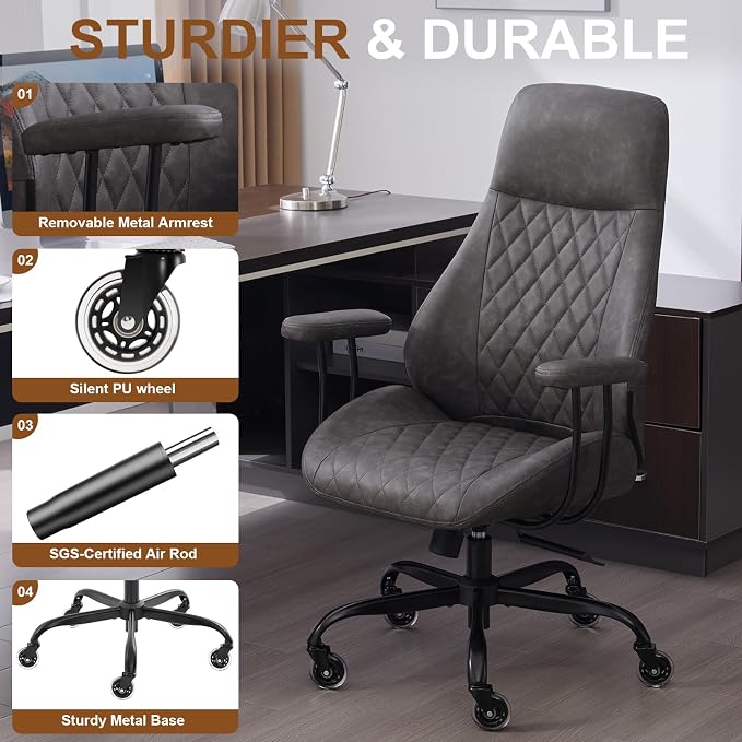 Office Chair with Rubber Wheels, Ergonomic Computer Chair 500 lbs, Leather Desk Chair with Lumbar Support, Executive Chair Adjustable Height & Recline, Dark Grey | Ergonomic, Lumbar Support, 360° Swivel & Rolling Wheels, Adjustable Height, for Adults &...