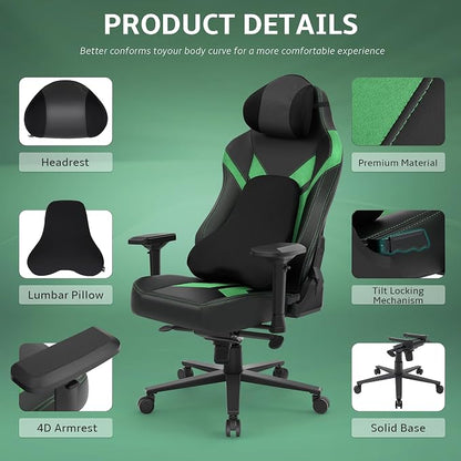 Ergonomic Gaming Chair, Wyrdforging Computer Desk Chairs, 4D Armrests, High Back Office Chair With Headrest & Lumbar Pillow, Tilt Rocker Recliner, Heavy-Duty Base, Black PU Leather & Green Suede Combo