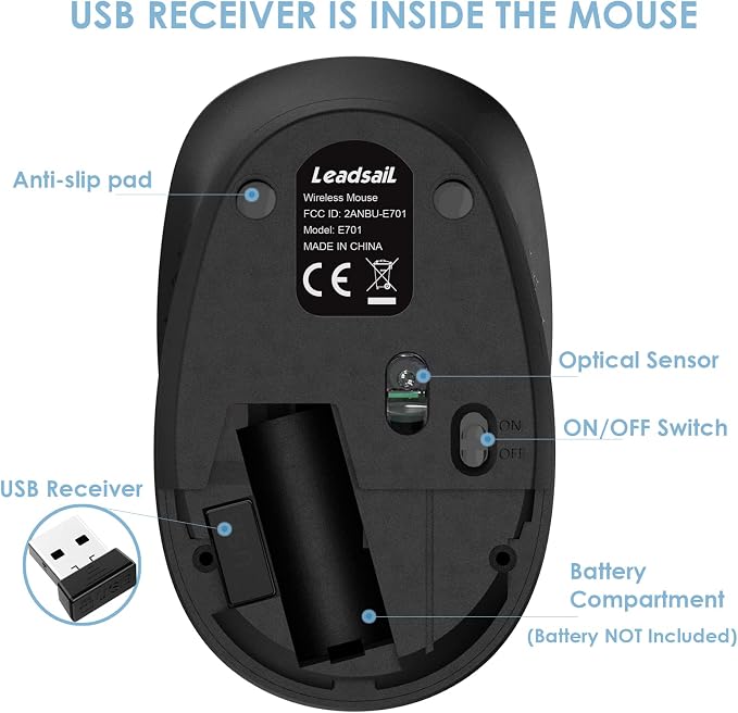 LeadsaiL Wireless Mouse for Laptop, 2.4GHz Silent USB Mouse, Slim Optical Mouse with 3 Buttons, 1600 DPI, Works with Windows, Mac, Chrome OS, Linux