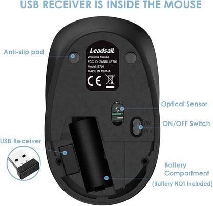 LeadsaiL Wireless Mouse for Laptop, 2.4GHz Silent USB Mouse, Slim Optical Mouse with 3 Buttons, 1600 DPI, Works with Windows, Mac, Chrome OS, Linux