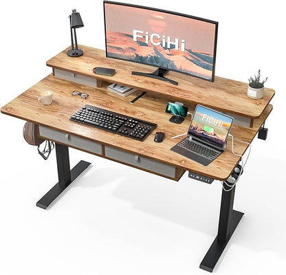 FiCiHi Adjustable Height Standing Desk with 4 Drawers,48 x 30 inches Electric Sit Stand Home Office Desk with Two Tiers, 3 Memory Presets, Monitor Stand Riser, USB A/C Charging Port