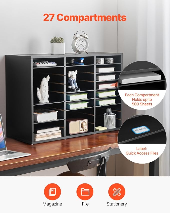 VEVOR Literature Organizer, 27 Compartments Office Mailbox with Removable Shelves, Wooden Mailbox Sorter Particle Board Office Home Classroom Storage, File Sorter for Files, Documents, Papers, Black
