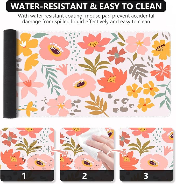 iCasso Desk Matt for Desktop, Cute Desk Pad Mat, XXL Large Mouse Pad, Anti-Slip Big Mousepad with Stitched Edges, Keyboard Pad Mouse Mat for Computer, Work, Gaming (Flowers Leaves)