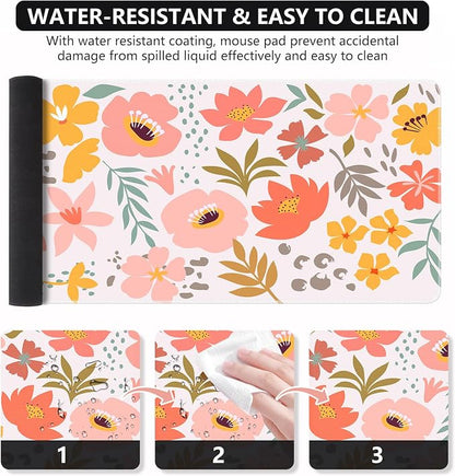 iCasso Desk Matt for Desktop, Cute Desk Pad Mat, XXL Large Mouse Pad, Anti-Slip Big Mousepad with Stitched Edges, Keyboard Pad Mouse Mat for Computer, Work, Gaming (Flowers Leaves)