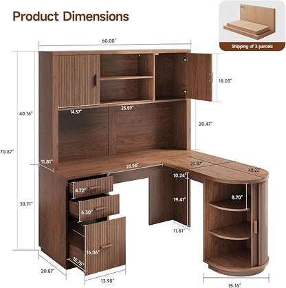 ONBRILL 70.87“H L Shaped Executive Desks with Hutch, Fluted Corner Desk with 3 Drawers & Charging Outlets, Mid-Century Wood Home Office Desk with Sliding Door for Work and Study,Walnut