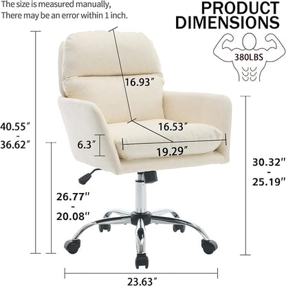 YITAI Adjustable Home Office Desk Chair with Comfy Square Mid-Back, Faux Leather 360 Swivel Upholstered Task Armchair with Wheels for Vanity Bedroom/Living Room,White