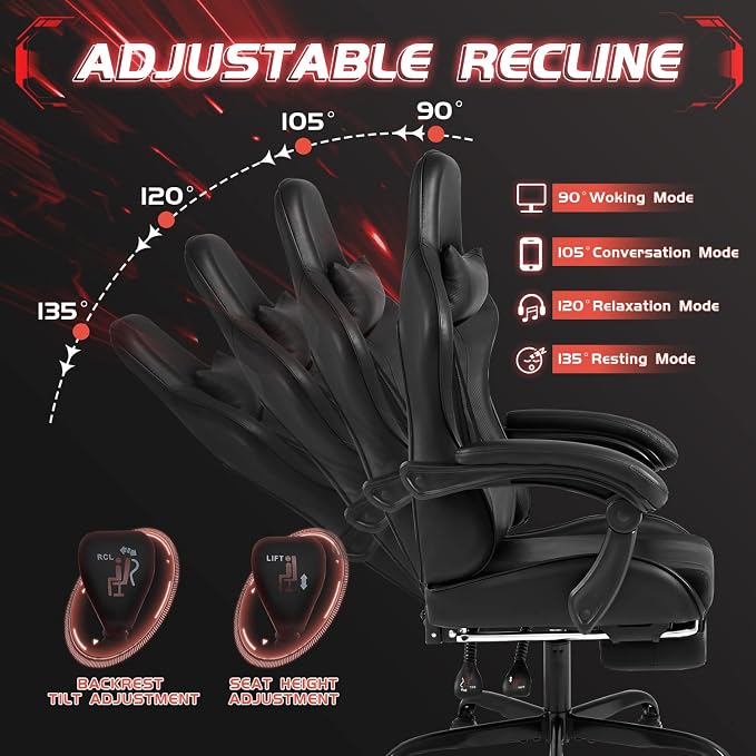 Shahoo Gaming Chair with Footrest and Massage Lumbar Support, Ergonomic Computer Chairs 360°Swivel and Height Adjustable Seat with Headrest for Office or Bedroom, Study Room, Black