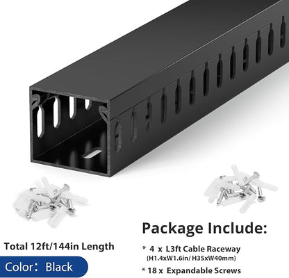 ZhiYo H1.4 x W1.6in Server Rack Cable Management Raceway, 12ft (4xL3ft) Cable Duct Kit, Electrically Safe PVC for Network Wire Management, Open Slot Cord Hider for Computer Under Desk, Black