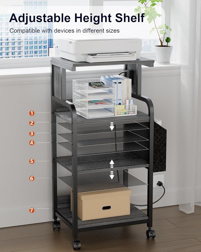 Tall Printer Stand with Storage, 4-Tier Mobile Printer Cart with Adjustable Shelf & Side Bag, Heavy Duty Printer Table with Built-In Charging Station for Home Office, Fits Scanner, Fax Machine, Grey