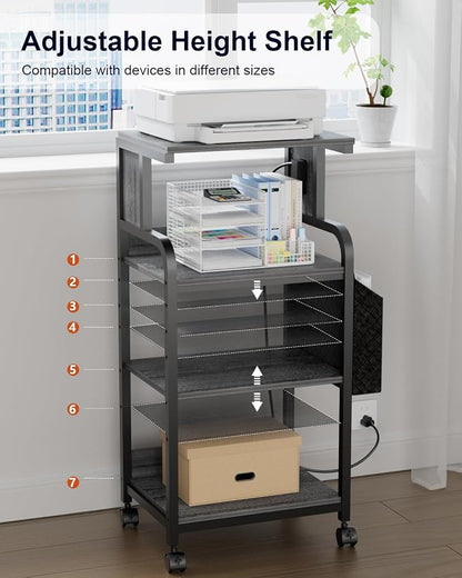 Tall Printer Stand with Storage, 4-Tier Mobile Printer Cart with Adjustable Shelf & Side Bag, Heavy Duty Printer Table with Built-In Charging Station for Home Office, Fits Scanner, Fax Machine, Grey