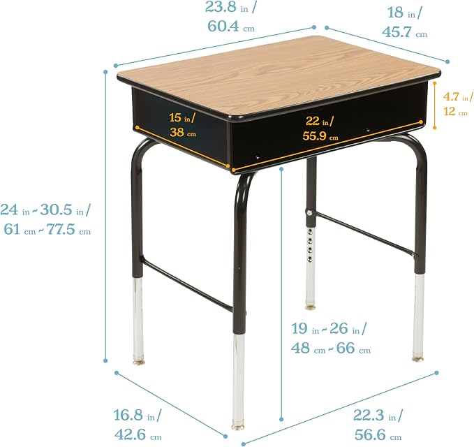 ECR4Kids Open Front Desk with Metal Storage Book Box, Adjustable, Classroom Furniture, Oak