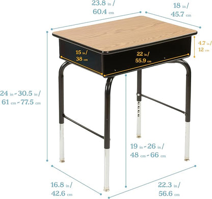 ECR4Kids Open Front Desk with Metal Storage Book Box, Adjustable, Classroom Furniture, Oak