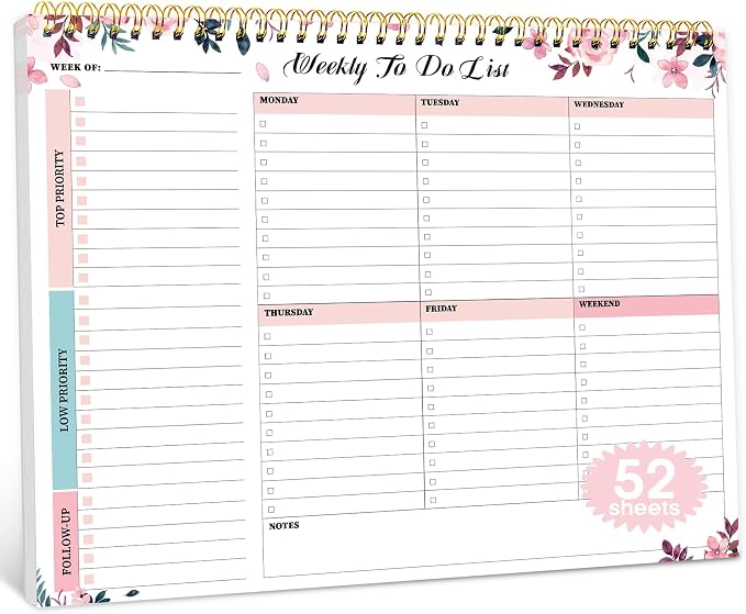 Taja Weekly To Do List Notepad with 52 Undated Sheets（8.5"×11"）- Weekly Desk Planner for Women & Man, Work and Home - 1 Pack Whispering Petal
