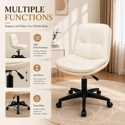 Vanity Chair with Back, PU Leather Swivel Office Desk Chair, Height Adjustable Armless Chair for Small Spaces, Bedroom, Vanity, Home Office Beige