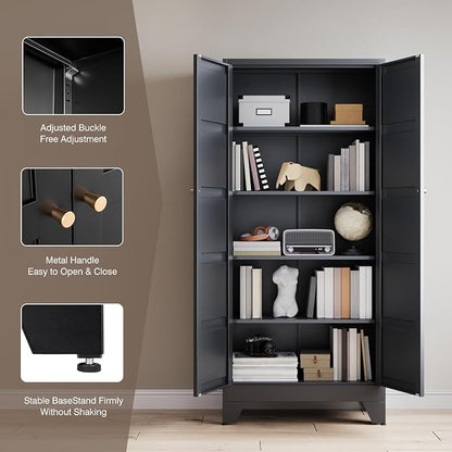 Yizosh Metal Pantry Cabinet,- 72" Black Kitchen Pantry Storage Cabinet with Doos and Adjustable Shelves for Kitchen, Living Room,Dining Room,Home