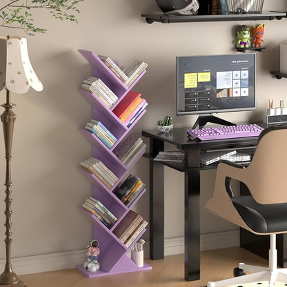 10 Tier Tree Book Shelf, Floor Standing Wood Bookshelf for Narrow Space, Storage Organizer Bookshelves for Books/CDs/Magazine, Bookcase with Shelves for Home Office, Living Room-Dream Purple