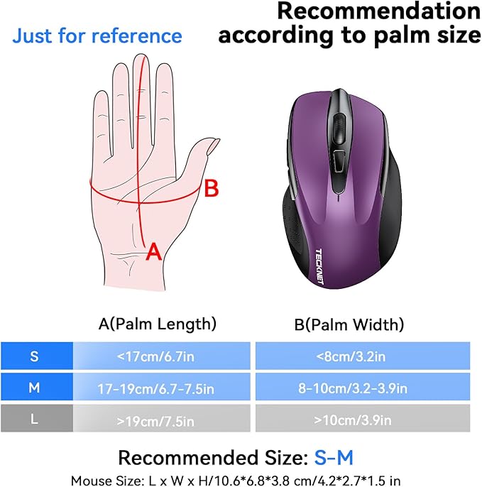 TECKNET Rechargeable Jiggler Wireless Mouse (BT5.0/3.0 & 2.4G) 4800 DPI Silent USB A & Bluetooth Mouse 6 Buttons, Wide Compatibility - Purple