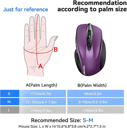 TECKNET Rechargeable Jiggler Wireless Mouse (BT5.0/3.0 & 2.4G) 4800 DPI Silent USB A & Bluetooth Mouse 6 Buttons, Wide Compatibility - Purple