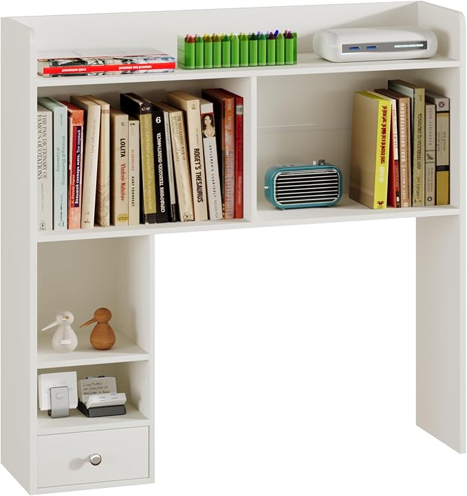 ChooChoo Desktop Bookshelf with Lights, 36.4" Tall Countertop Desk Hutch with 5 Shelves and 1 Drawer for Computer Desk, Desk Shelf Organizer for Dorm Office Home,White