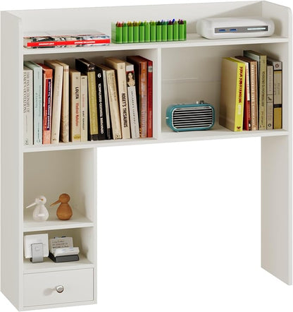 ChooChoo Desktop Bookshelf with Lights, 36.4" Tall Countertop Desk Hutch with 5 Shelves and 1 Drawer for Computer Desk, Desk Shelf Organizer for Dorm Office Home,White