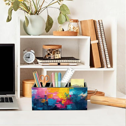 Modern Multicolor Tones Pen Pencil Holder for Desk, Gifts for Women Men, Office Humor Gifts for Coworkers Wooden Box Sign Organizer for Office Workplace Desk Accessories Tabletop Decorations