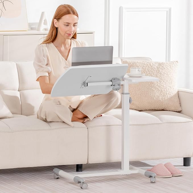GTPLAYER Small Standing Desk, 28 Inches Tiltable Mobile Rolling Laptop PC Table with Lockable Casters, Adjustable Height Overbed Bedside Table Computer Workstation for Home Office, White-Tiltable