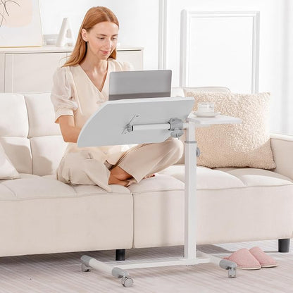 GTPLAYER Small Standing Desk, 28 Inches Tiltable Mobile Rolling Laptop PC Table with Lockable Casters, Adjustable Height Overbed Bedside Table Computer Workstation for Home Office, White-Tiltable