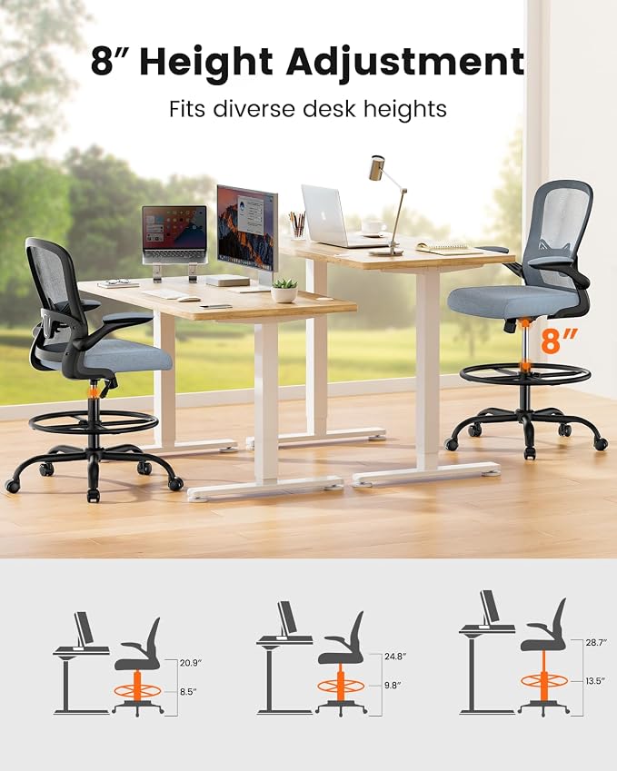ErGear Drafting Chair,Tall Office Chair with Flip-Up Armrests, High Desk Chair Adjustable Height and Adjustable Footrest Ring, Ergonomic Standing Desk Chair with Lumbar Support, Blue