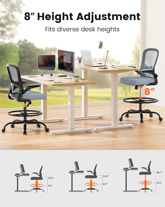ErGear Drafting Chair,Tall Office Chair with Flip-Up Armrests, High Desk Chair Adjustable Height and Adjustable Footrest Ring, Ergonomic Standing Desk Chair with Lumbar Support, Blue,4 Pack