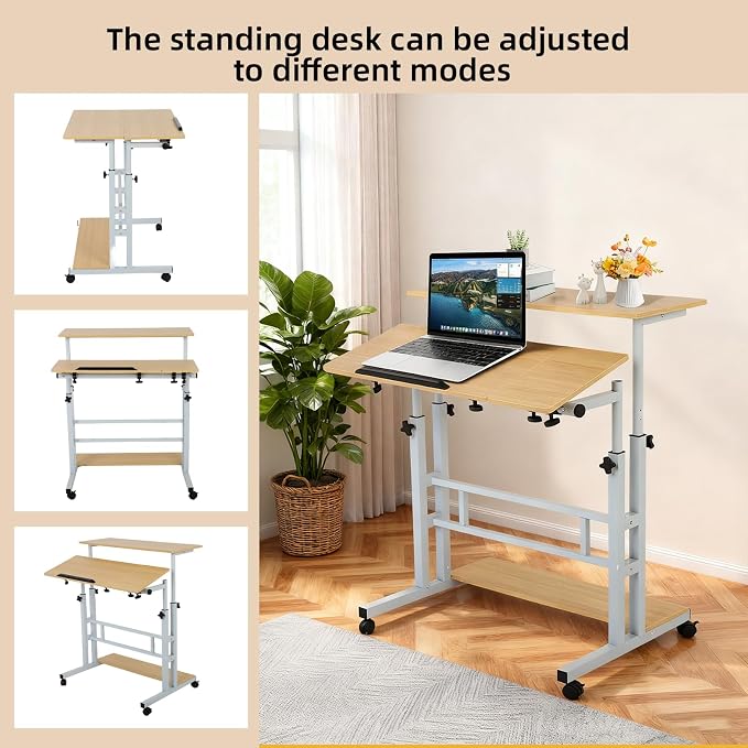 FAHKNS Small Standing Desk, Portable Stand Up Desk with Wheels, Adjustable Height Computer Desk for Home Reading Desk and Office Work