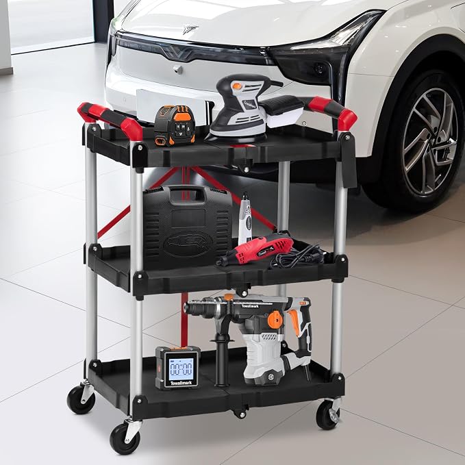 Garvee Collapsible Cart with Wheels, Service Cart, Rolling Carts with Wheels Foldable, 3 Tier Rolling Utility Cart, Folding Utility Shopping Cart for Bar, Kitchen, Office, Shopping, Garage