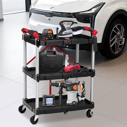 Collapsible Cart with Wheels, Service Cart, Rolling Carts with Wheels Foldable, 3 Tier Rolling Utility Cart, Folding Utility Shopping Cart for Bar, Kitchen, Office, Garage, Tool