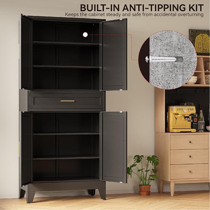 COFaR 71" Modern Pantry Cabinet with Drawer, Black Storage Cabinet with Adjustable Shelves, 3-Section Industrial Cupboard for Kitchen & Office