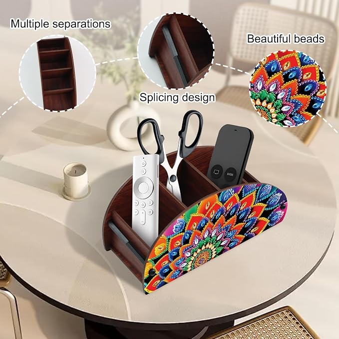 DIY Diamond Painting Storage Box Mandala Design 5D Rhinestone Diamond Art Case Multi-Compartment Wooden Desktop Organizer for TV AC Remotes Makeup Brushes Pens Holder Tabletop Craft Storage