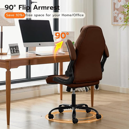 Ylzyxal Office Desk Chair, Ergonomic Computer Chair with Padded Flip-Up Arms and Adjustable Lumbar Support, PU Leather Executive Chair with Tilt Lock and 360° Swivel Rolling Wheels for Work, Study