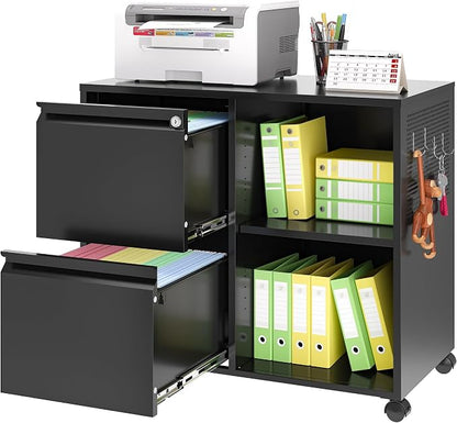 BYNSOE 2-Drawer File Cabinet Mobile Filing Cabinet with Lock Lateral File Cabinet Printer Stand with Open Storage Shelves for Home Office (Black, Left Drawer)