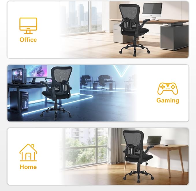 Ergonomic Mesh Office Chair with Adjustable Lumbar Support, Flip-Up Arms & Rolling Swivel Base, Breathable Computer Desk Chair for Home Office, Study & Remote Work, Black