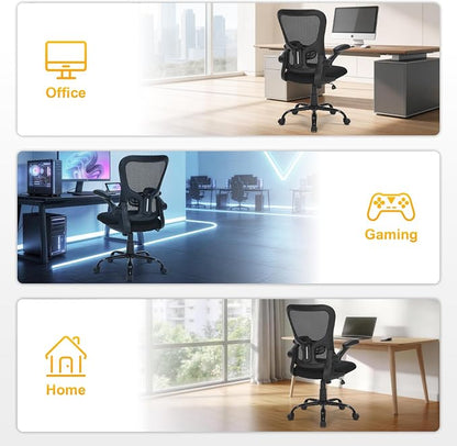 Ergonomic Mesh Office Chair with Adjustable Lumbar Support, Flip-Up Arms & Rolling Swivel Base, Breathable Computer Desk Chair for Home Office, Study & Remote Work, Black